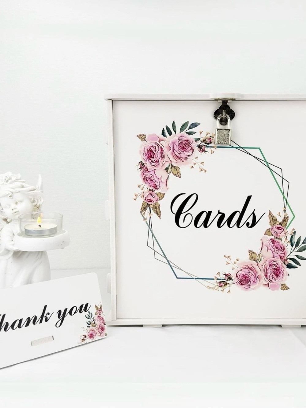 Wedding Card Box with Lock, and thank you card on stand, used once - Picture 5 of 6